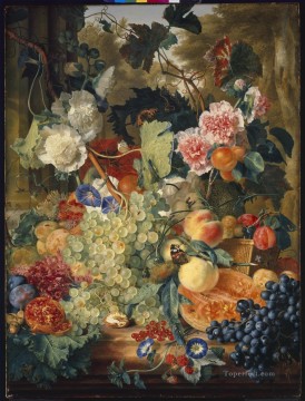 大理石の板の上の花と果物の静物画_1 ヤン・ファン・ホイスムの古典的な花 Oil Paintings